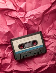 Generated image AI old cassette tape on crumpled pink background. retro and nostalgia style. vintage music concept. copy space. Y2K design trend, 2000 year