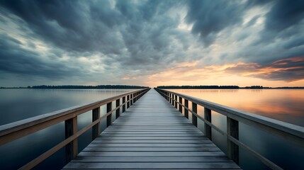 Naklejka premium Picturesque bridge stretching across the landscape guiding the viewer s gaze towards the distant horizon beneath a dramatic cloud filled sky