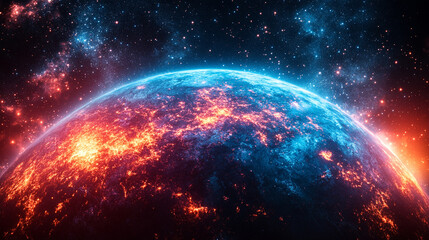 purple-blue planet sphere with a bright tone and blurred effect, symbolizing infinite space and boundless possibilities with an open caption space