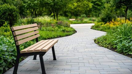 Fototapeta premium Water conservation gardening idea. A tranquil park scene with a wooden bench along a winding pathway and lush greenery.