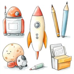 Watercolor illustration of cute robot, rocket, pencils, moon, and marker.