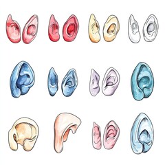 Watercolor Illustration of Different Human Ear Shapes.