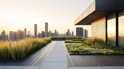 Water conservation gardening idea. Modern rooftop garden featuring greenery and stunning city skyline at sunrise.
