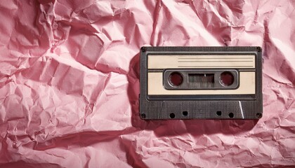 Generated image AI old cassette tape on crumpled pink background. retro and nostalgia style. vintage music concept. copy space. Y2K design trend, 2000 year