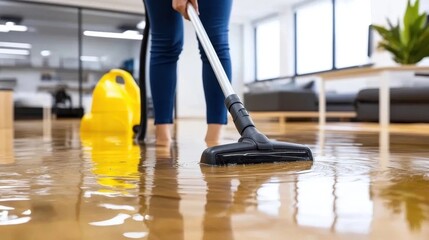 Fototapeta premium A person is cleaning a wet floor with a vacuum cleaner in a bright, modern office space.