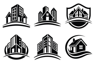 Fototapeta premium Real Estate icon set. Vector illustration. The collection contains icons: House, Real Estate Insurance, Real Estate Agent, House Key, Domestic Life, Real Estate Construction, Relocation, Home.
