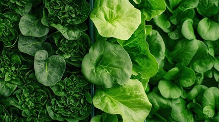 Fototapeta premium Urban agriculture gardening concept. Close-up view of fresh green lettuce leaves in vibrant shades of green.
