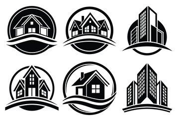 Obraz premium Real Estate icon set. Vector illustration. The collection contains icons: House, Real Estate Insurance, Real Estate Agent, House Key, Domestic Life, Real Estate Construction, Relocation, Home.