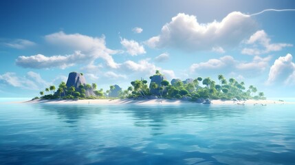 Picturesque tropical island with pristine beach swaying palm trees and a bright sun shining through scattered clouds in a serene coastal landscape