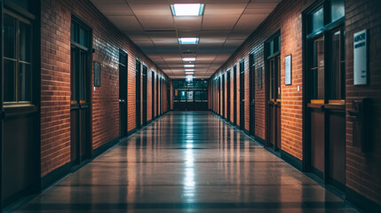 Abandoned school hallway interior, night corridor