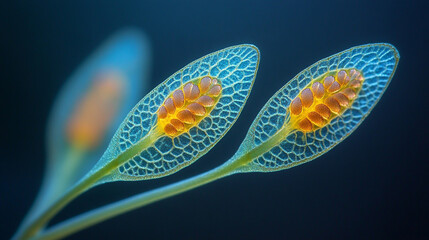 Aquatic plant Vallisneria gigantea under the microscope showing chloroplasts and cell walls in bright minimalistic tone with blurred background and blank caption space

