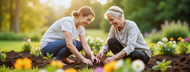 Elderly lady and neighbor gardening together in vibrant flower bed, community bonding