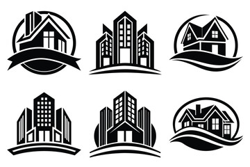 Fototapeta premium Real Estate icon set. Vector illustration. The collection contains icons: House, Real Estate Insurance, Real Estate Agent, House Key, Domestic Life, Real Estate Construction, Relocation, Home.