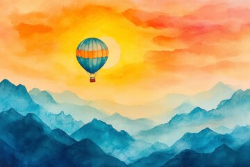 Fototapeta premium Vibrant Hot Air Balloon Over Majestic Mountains at Sunrise