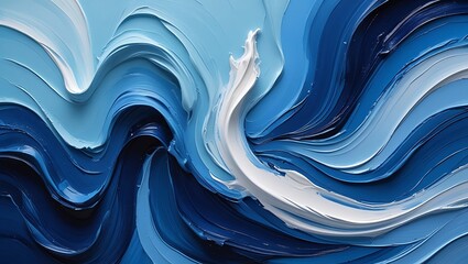 An abstract blue canvas with bold brushstrokes in aquamarine, navy, and sky blue, accented by subtle white layers, exuding refinement, dynamic energy, and a luxurious hand-painted feel.