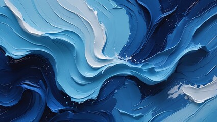 An abstract blue canvas with bold brushstrokes in aquamarine, navy, and sky blue, accented by subtle white layers, exuding refinement, dynamic energy, and a luxurious hand-painted feel.