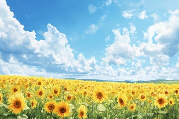Obraz premium Expansive Sunflower Field Under Blue Sky with Fluffy Clouds