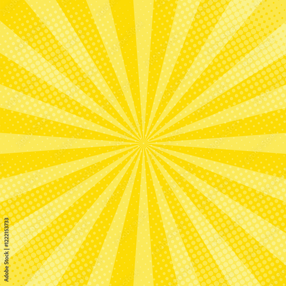 Poster yellow abstract background with light of sunburst. yellow starburst with halftone. sun ray retro bac