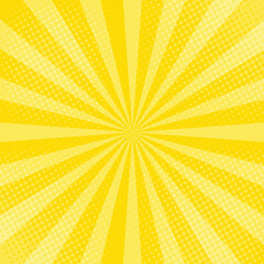 Yellow abstract background with light of sunburst. yellow starburst with halftone. sun ray retro background. shine sun retro style. sunset party design