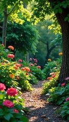 Fototapeta premium lush greenery and vibrant blooms in a tranquil garden setting, botanical garden, foliage, garden design