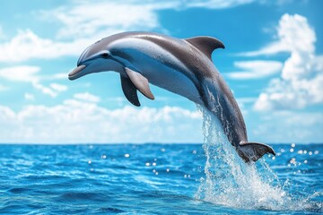 Playful Dolphin Leaping Above Vibrant Ocean Waters Under Blue Sky