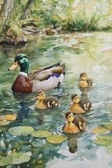 Mother Duck and Ducklings Swimming in a Serene Pond Scene