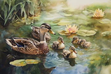 Mother Duck Swimming with Ducklings in Lotus Pond Scene