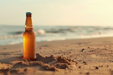 Flawless Visual of a Bottle of Beer Sits on a Sandy Beach