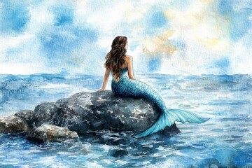 Serene Mermaid Sitting on Rock by the Ocean in Watercolor Style