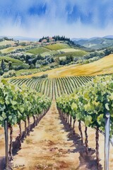 Naklejka premium Lush Vineyard Landscape with Rolling Hills and Blue Sky