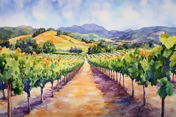 Naklejka premium Serene Vineyard Landscape Under Blue Sky and Majestic Mountains