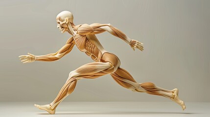 Detailed anatomical model of a human figure in motion highlighting muscles and skeletal anatomy