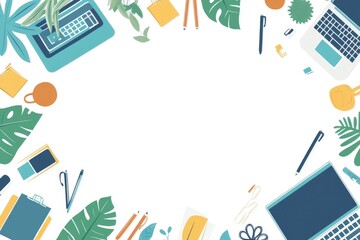 Tropical Workspace: Flatlay of Laptop, Plants, and Office Supplies