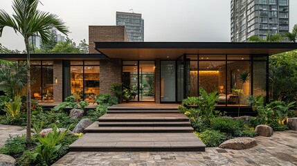 Fototapeta premium Modern Tropical House Design: Brick and Glass Architecture in Lush Garden