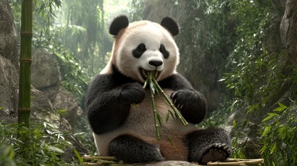 Obraz premium Panda Eating Bamboo in Lush Forest