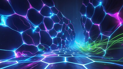 A deep blue, velvet-like background with glowing hexagonal patterns in electric blue, accented by neon pink and lime green, radiating a futuristic, digitally charged vibe with light wisps for depth.