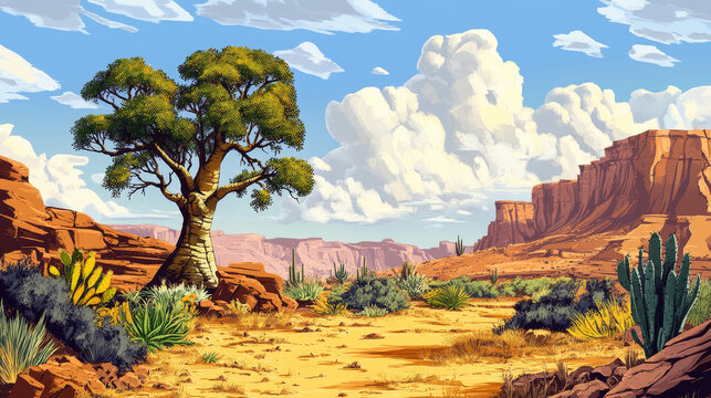 Canyon desert landscape with baobab tree and cacti. Vector cartoon illustration of wild terrain with rocky stones, yellow sandy ground with dry cracks, exotic plants, dunny blue sky with clouds