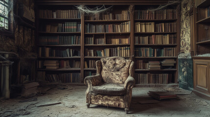 Abandoned dirty library room with bookshelf vector background. Interior with bookcase and torn armchair at public vintage education hall. Spider web on wall and furniture in retro literature store
