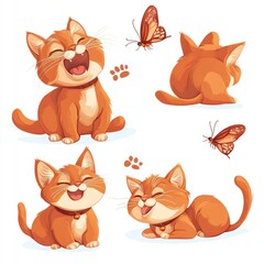 Playful kitten poses, butterfly background, white backdrop, child's book illustration