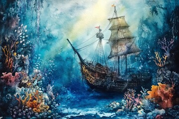 Fototapeta premium Enchanted Shipwreck Surrounded by Colorful Coral Underwater Scene