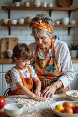 Grandmother teaching grandchild to bake in bright kitchen, family bonding