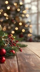 Festive Holiday Decor Featuring Ornaments and Pine Branches