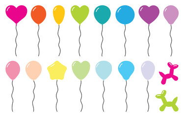 Set of realistic vector balloons various shapes, star, hearts, circle, dog. Bunch of helium balloons for birthday, party anniversary, wedding. Balloon in cartoon style. Bunch of balloons for birthday