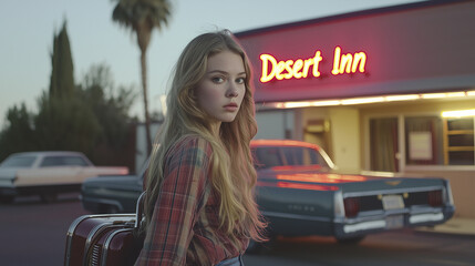 A woman with blonde hair waits outside the dilapidated "Desert Inn," clutching a suitcase, lit by a flickering neon sign, vintage cars scattered around