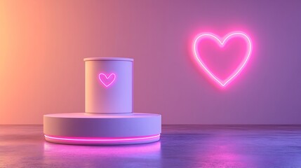 Realistic Valentine rendering of a white cylinder platform with pink neon accents placed on an empty floor against a gradient background with a glowing heart