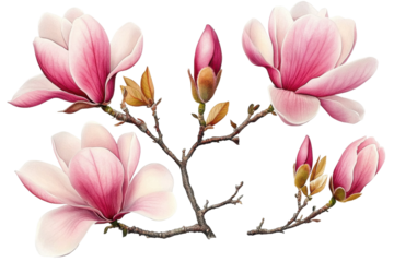 A group of pink magnolia flowers isolated on white background