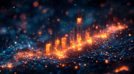 Black bar graph engulfed in flames and sparks with a dark background of digital financial charts minimalistic bright tone modern blurred empty space symbolizing chaos and volatility

