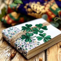 Fototapeta premium Watercolor Shamrock Notebook Rustic Wooden Background Spring Design Gift Book