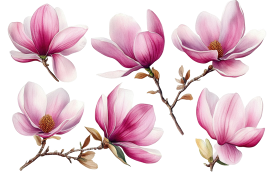 A group of pink magnolia flowers isolated on white background