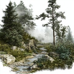 Obraz premium Serene Forest Pathway with Fog and Lush Greenery in a Peaceful Natural Environment